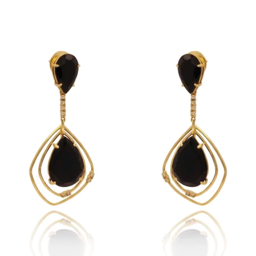 Brincos Ouro 18K, Onix E Diamantes
