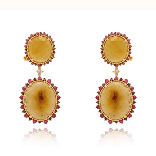 Brincos Ouro 18K, Quartzos, Rubis E Diamantes