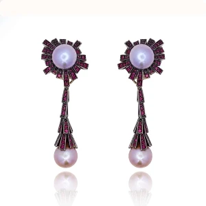 Brincos Ouro 18K (Ródio Negro), Pérolas E Rubis