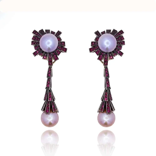 Brincos Ouro 18K (Ródio Negro), Pérolas E Rubis