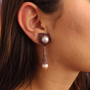Brincos Ouro 18K (Ródio Negro), Pérolas E Rubis