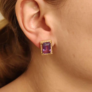 Brincos Ouro 18K Rose, Ametistas E Diamantes