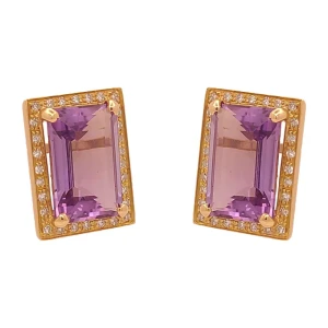 Brincos Ouro 18K Rose, Ametistas E Diamantes