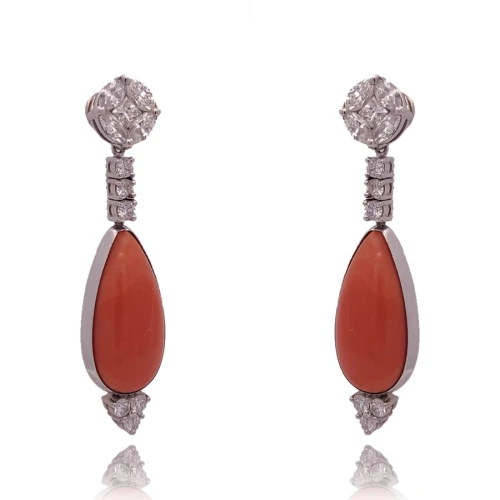 Brincos Ouro Branco, Corais E Diamantes