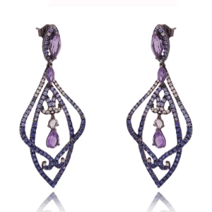 Brincos Ouro Branco (Ródio Negro), Ametistas, Safiras E Diamantes