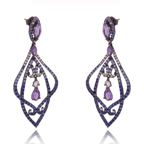 Brincos Ouro Branco (Ródio Negro), Ametistas, Safiras E Diamantes