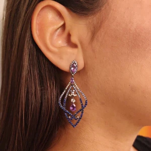 Brincos Ouro Branco (Ródio Negro), Ametistas, Safiras E Diamantes