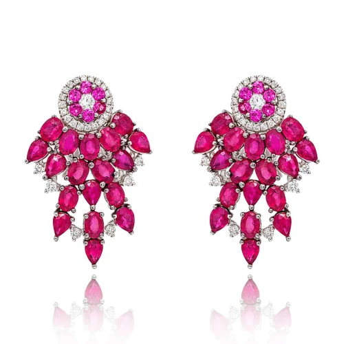 Brincos Ouro Branco, Rubis E Diamantes