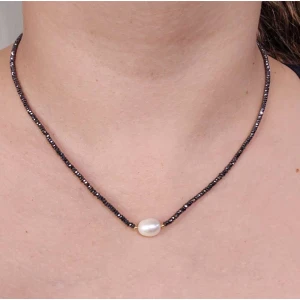 Colar Em Hematitas, Pérola E Detalhes Em Ouro 18K