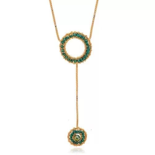 Colar Fio Metálico Banho Ouro 18K E Cristais Esmeralda