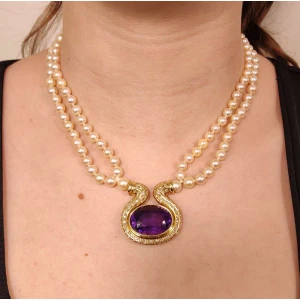 Colar Ouro 18K, Ametista, Pérolas E Diamantes