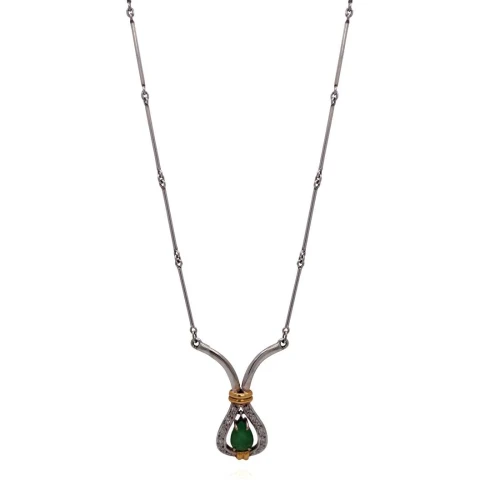 Colar Ouro Branco 18K, Esmeralda E Diamantes