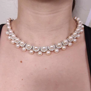 Colar Ouro Branco, Pérolas E Diamantes