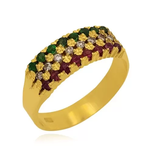 Meia Aliança Ouro 18K, Rubis, Esmeraldas E Diamantes