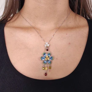 Pingente Ouro Branco, Esmeraldas, Safiras, Peridotos, Granadas, Topázios E Diamantes