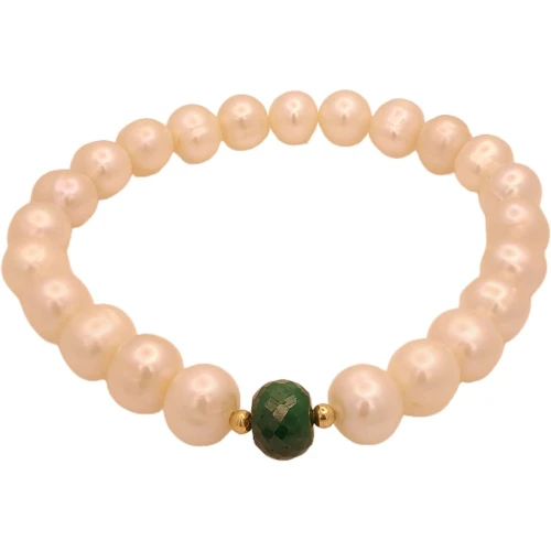 Pulseira Em Pérolas, Esmeralda e Detalhes Em Ouro 18K