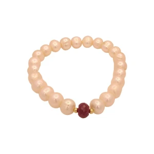 Pulseira Em Pérolas, Rubi E Detalhes Em Ouro 18K