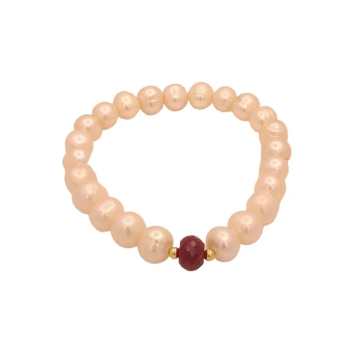 Pulseira Em Pérolas, Rubi E Detalhes Em Ouro 18K