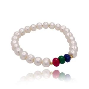 Pulseira Em Pérolas, Rubi, Safira, Esmeralda E Detalhes Em Ouro 18K