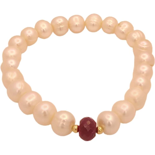 Pulseira Em Pérolas, Rubi e Detalhes Em Ouro 18K