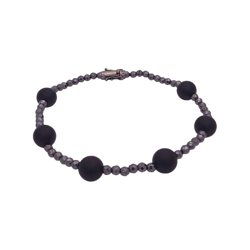 Pulseira Hematitas, Onix E Fecho Ouro 18K Rodio Negro Pulseira Hematitas, Onix E Fecho Ouro 18K Rodio Negro