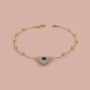 Pulseira Ouro 18K, Pérolas e Olho Grego