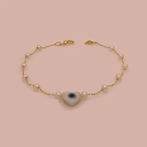 Pulseira Ouro 18K, Pérolas e Olho Grego