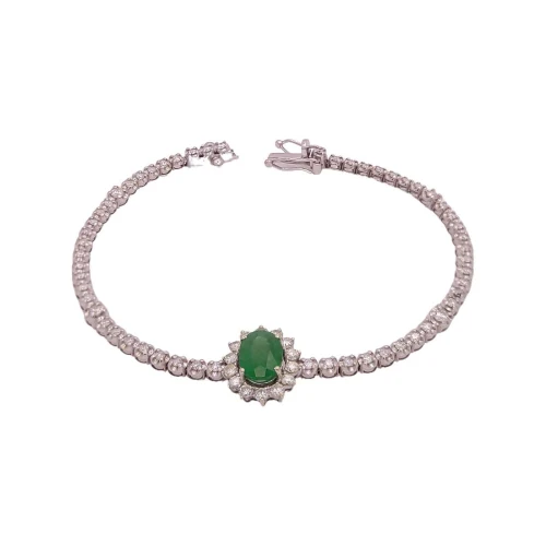 Pulseira Ouro Branco, Esmeralda E Diamantes