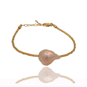 Pulseira Silicone, Pérola, Fecho E Detalhes Em Ouro 18K